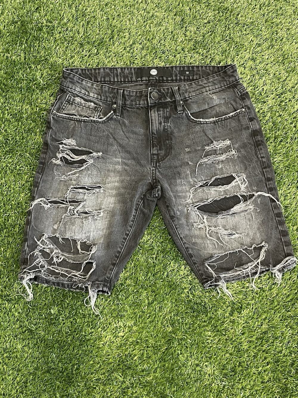 Jordan Craig Men Heavily Distressed Ripped Denim Shorts Mineral Wash Black Sz 32